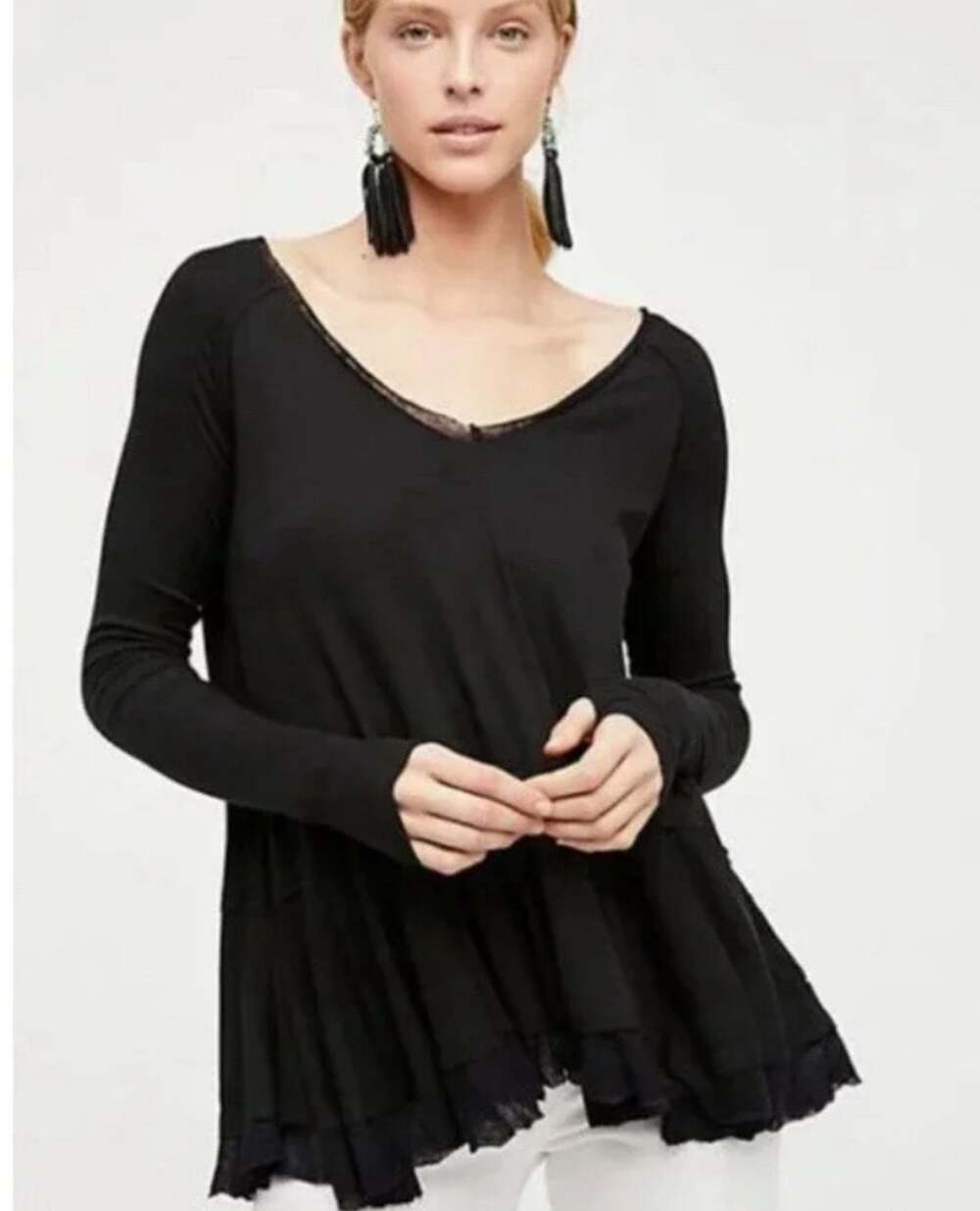 Free People We The Free Tangerine Trapeze Tee Tunic Long Sleeve Black Size Large